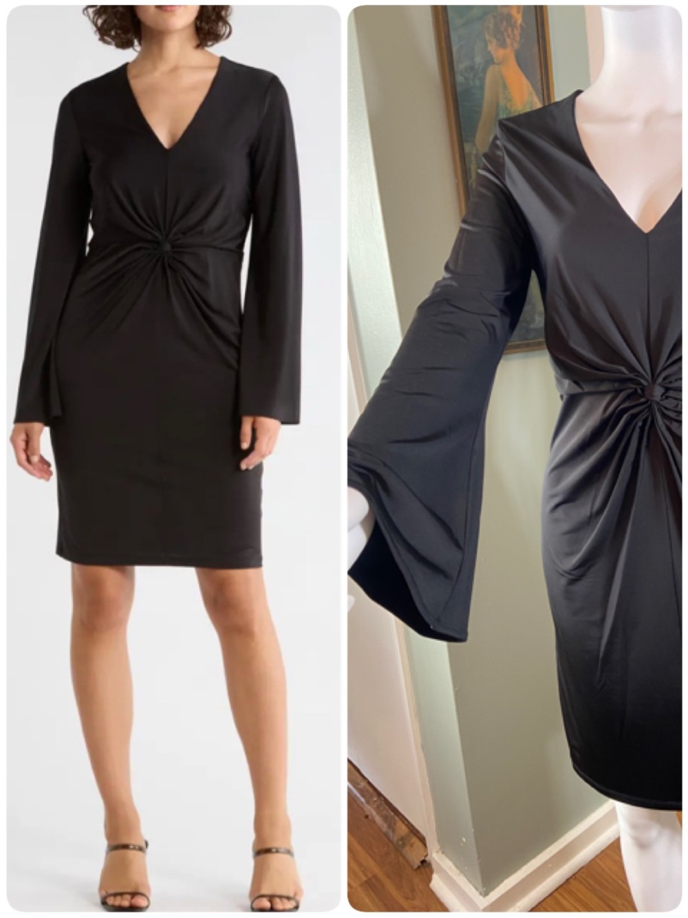 NWT New DKNY Knotted Bell Sleeve Black Long-Sleeve V-Neck Twist-Front Mini Dress